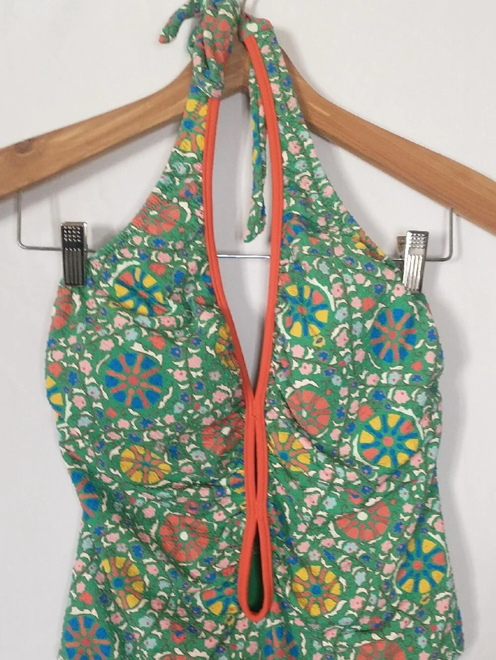 RHODE Tropical Green Floral One-Piece Bathing suit with Orange Trim
